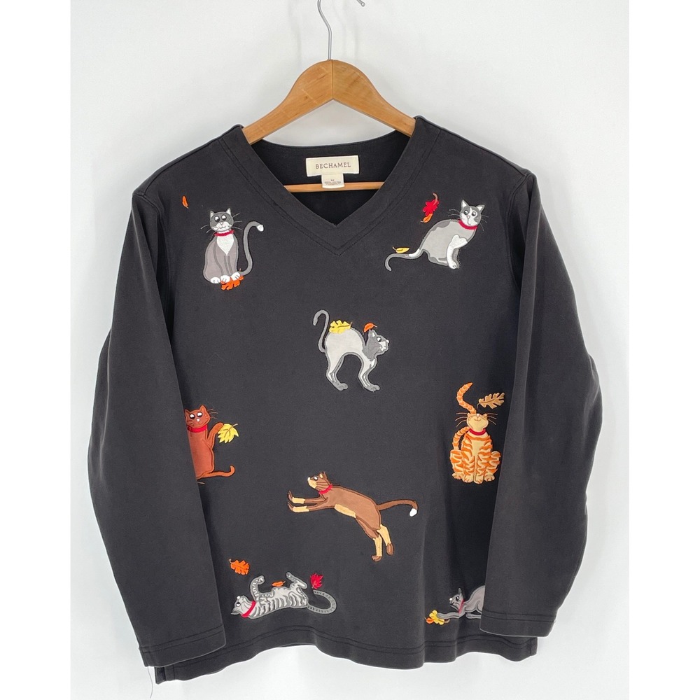 Bechamel Womens Sweatshirt M V-Neck Black Embroidered Fall Cats Leaves